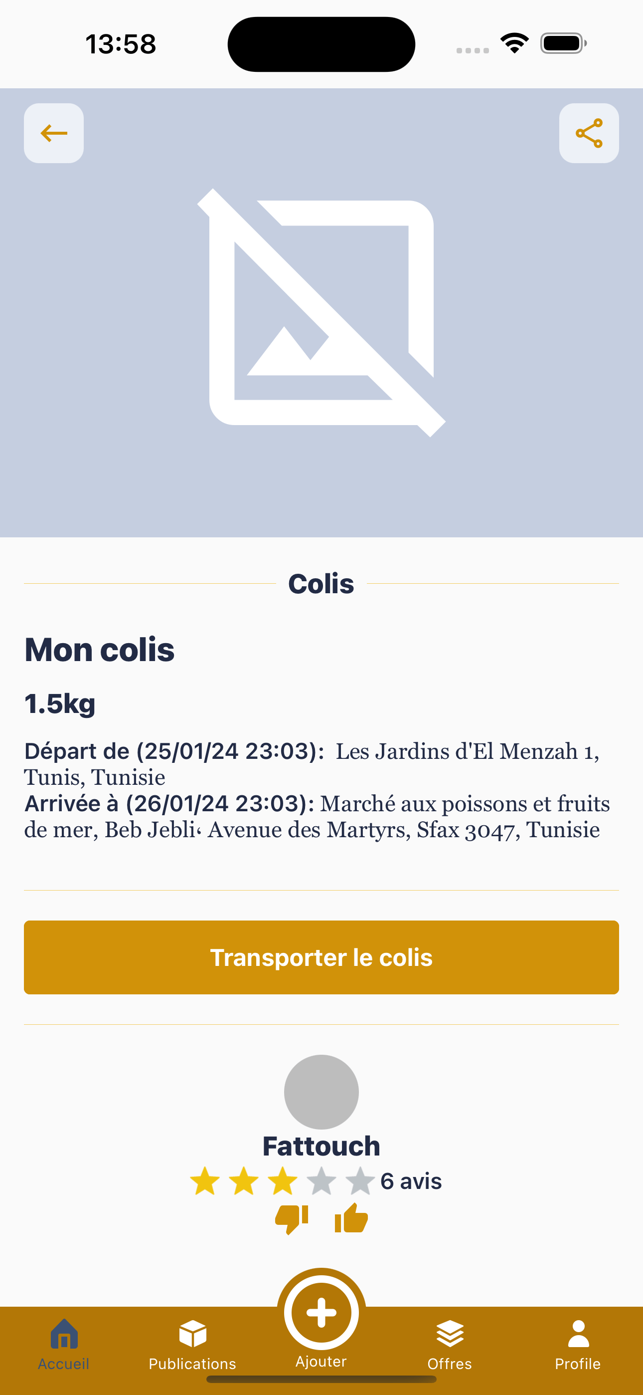 Capture écran de détails d'un colis sur Hezzly