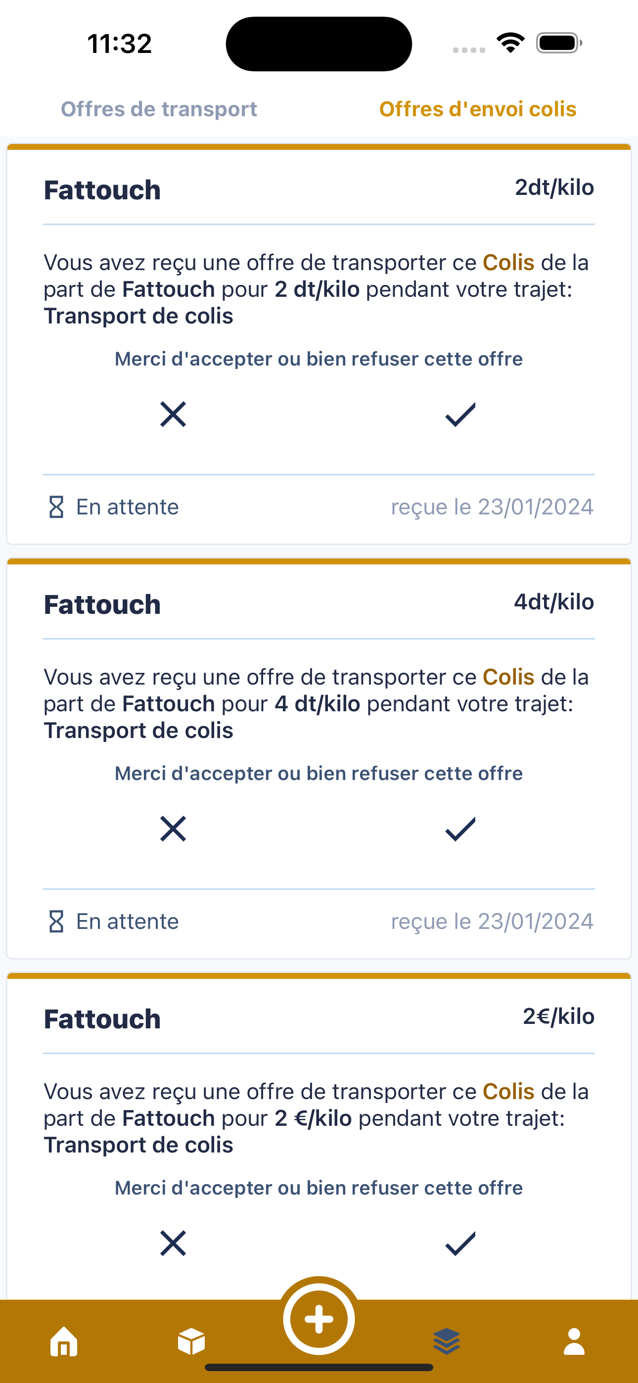 Liste des propositions de colis